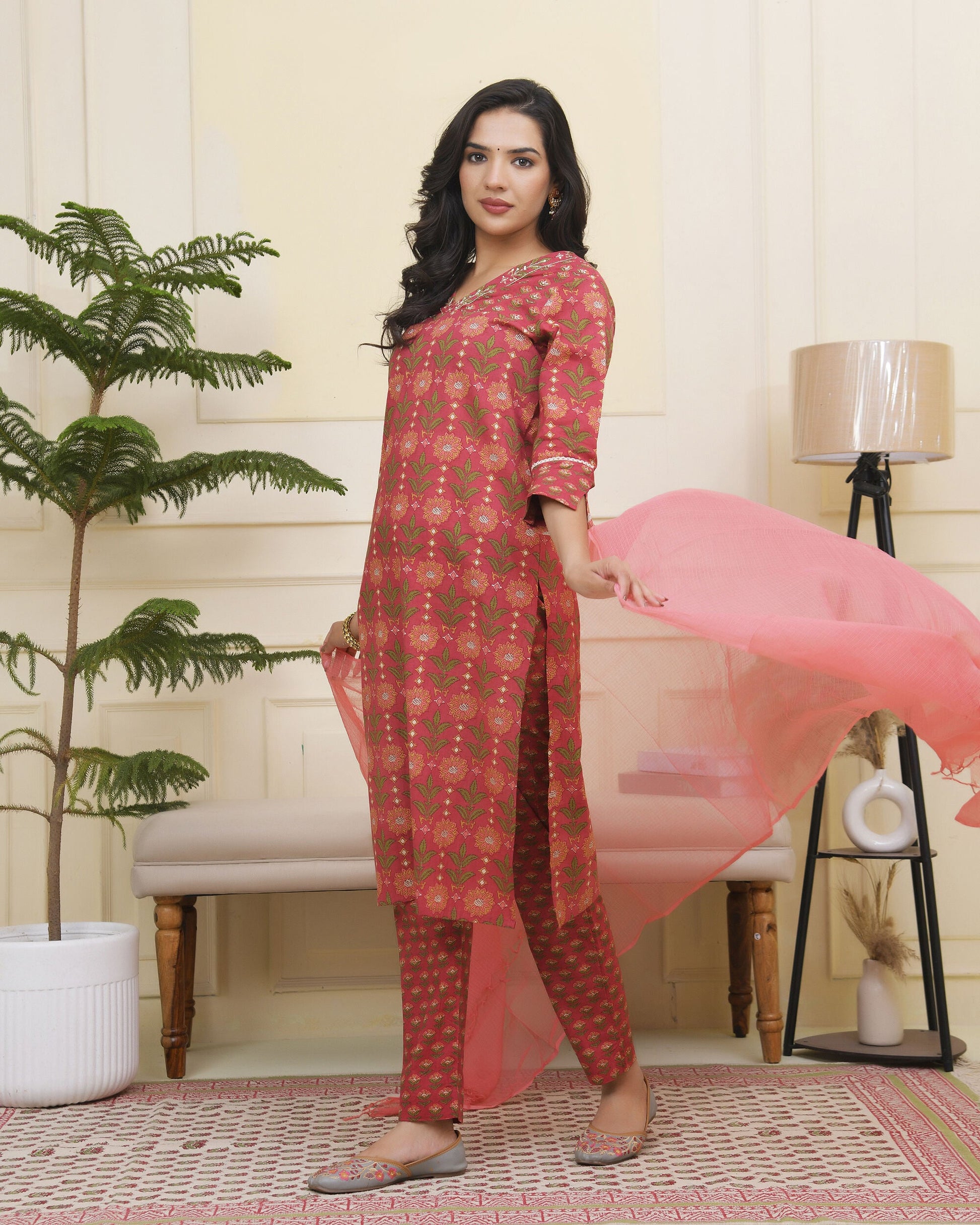Women Maroon Cotton kurta with cotton pant & dupatta