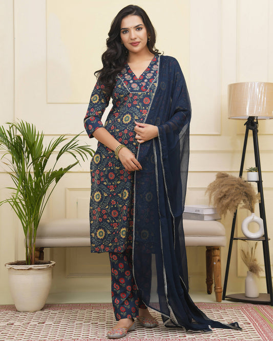 Women Navy Cotton kurta with cotton pant & dupatta