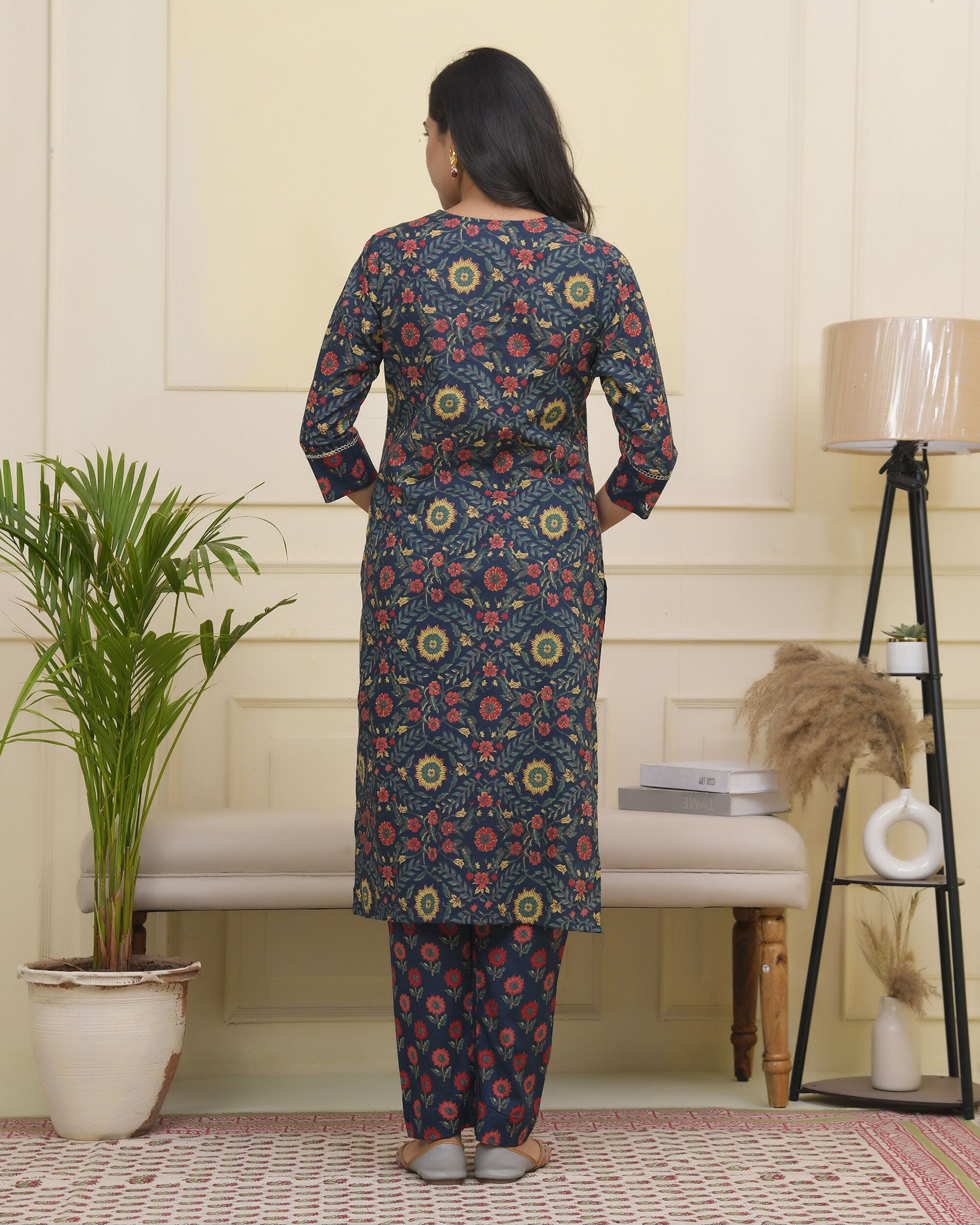 Women Navy Cotton kurta with cotton pant & dupatta