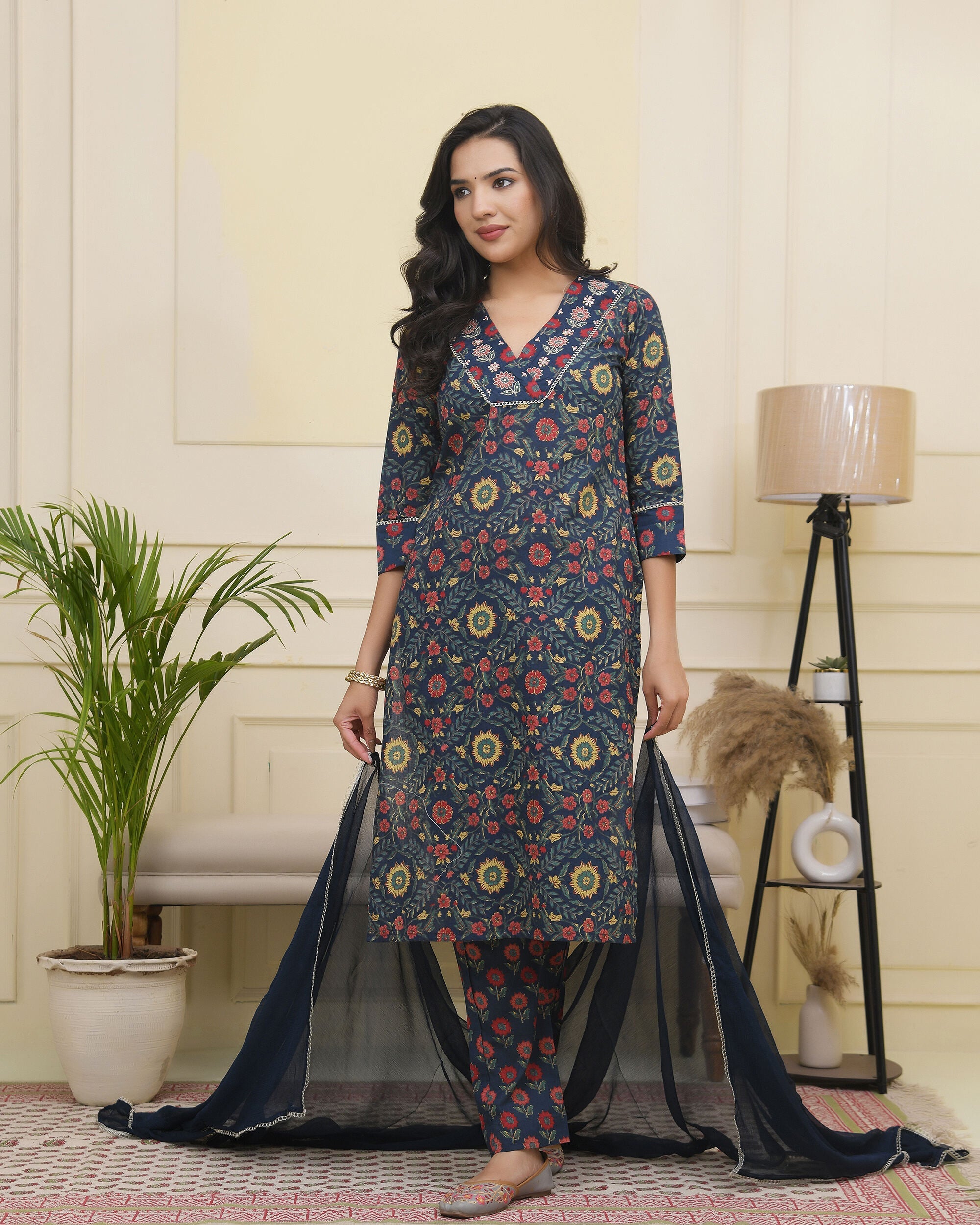 Women Navy Cotton kurta with cotton pant & dupatta
