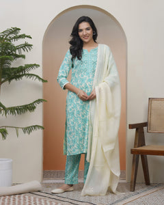 Women Aqua marine Cotton kurta with cotton pant & dupatta