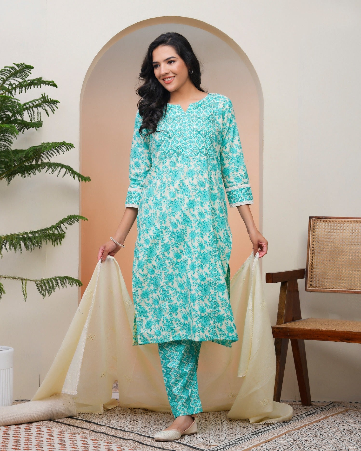 Women Aqua marine Cotton kurta with cotton pant & dupatta
