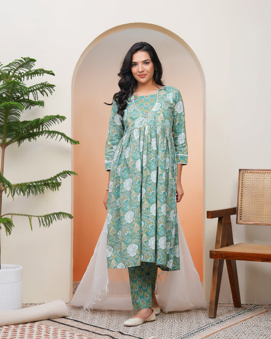 Women Ferozi Cotton kurta with cotton pant & dupatta