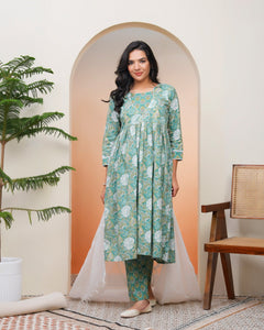 Women Ferozi Cotton kurta with cotton pant & dupatta