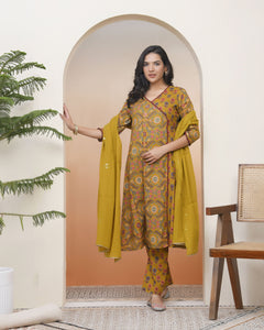 Women Mustard Cotton angrakha kurta with cotton pant & dupatta
