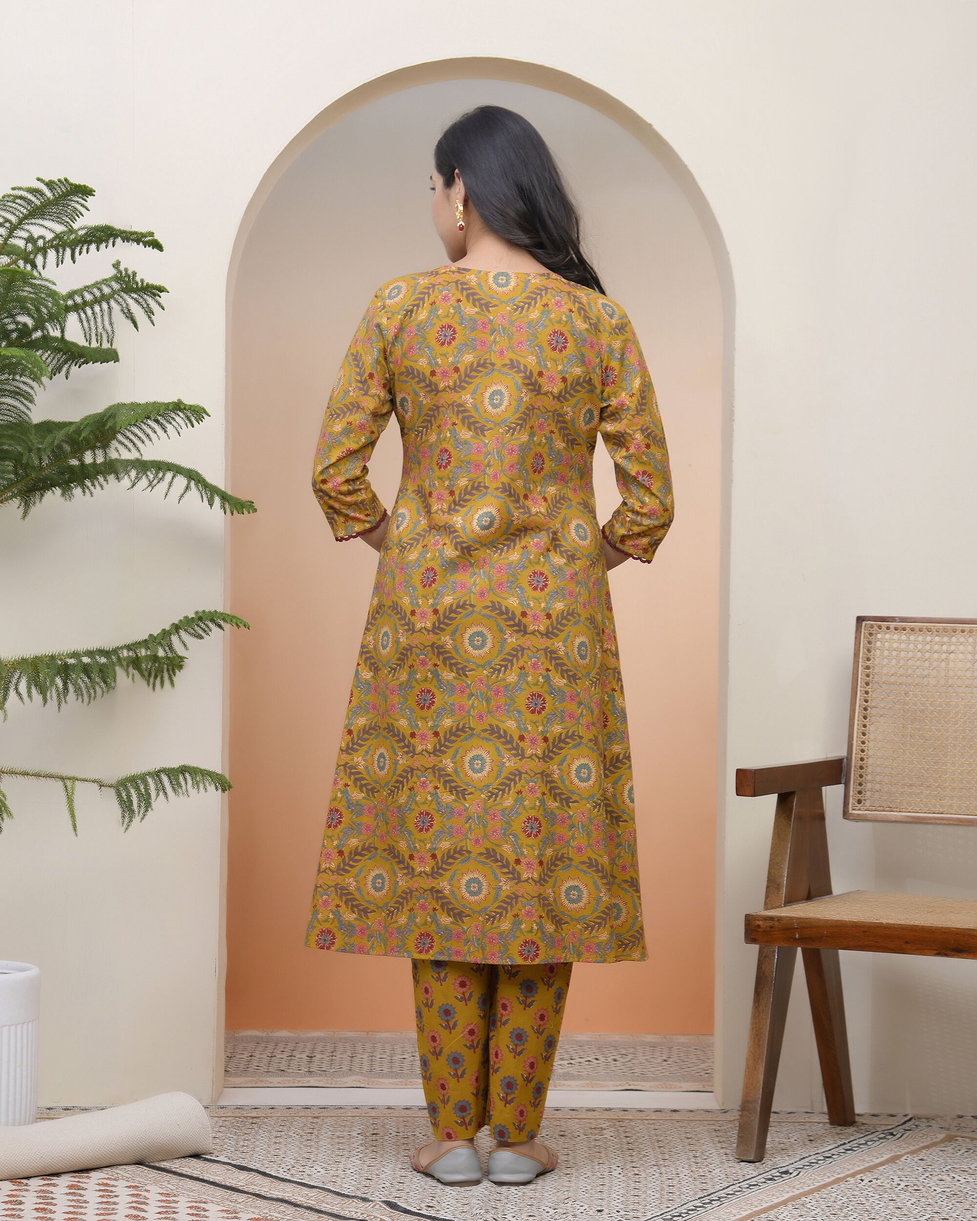 Women Mustard Cotton angrakha kurta with cotton pant & dupatta