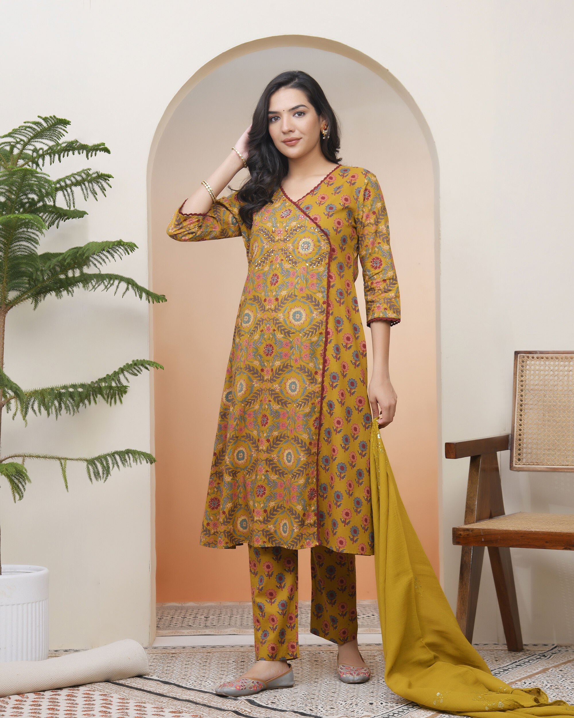 Women Mustard Cotton angrakha kurta with cotton pant & dupatta