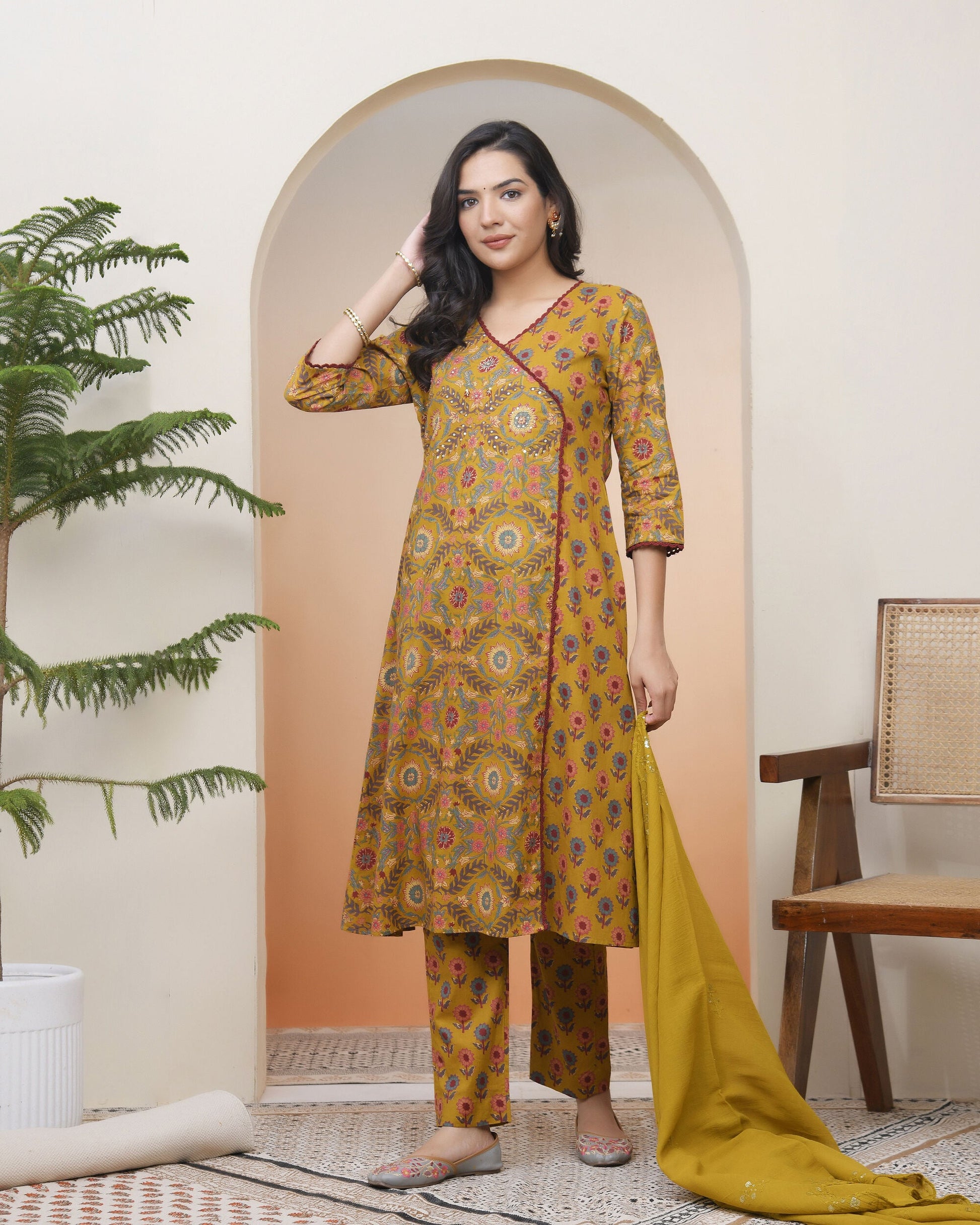 Women Mustard Cotton angrakha kurta with cotton pant & dupatta