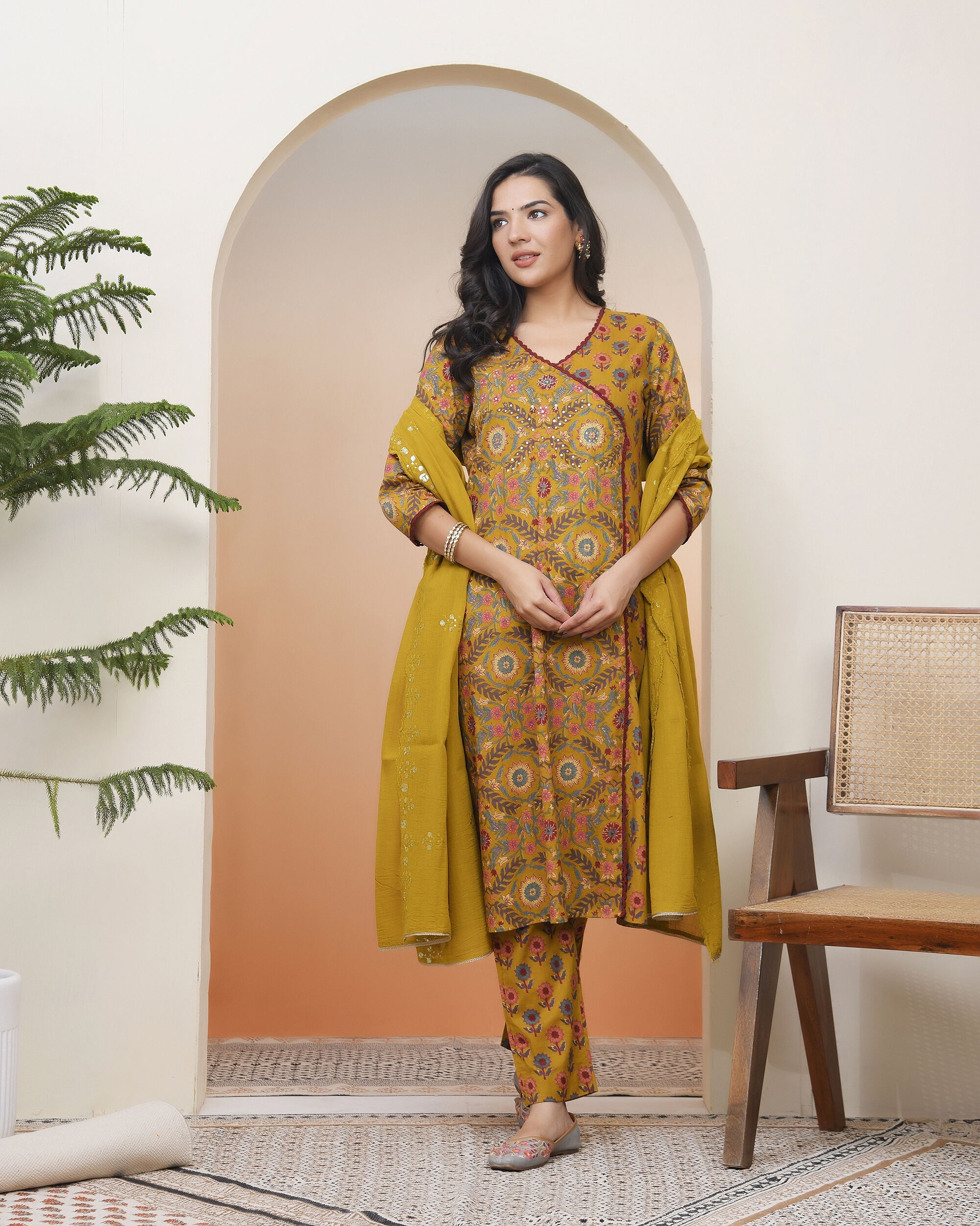 Women Mustard Cotton angrakha kurta with cotton pant & dupatta