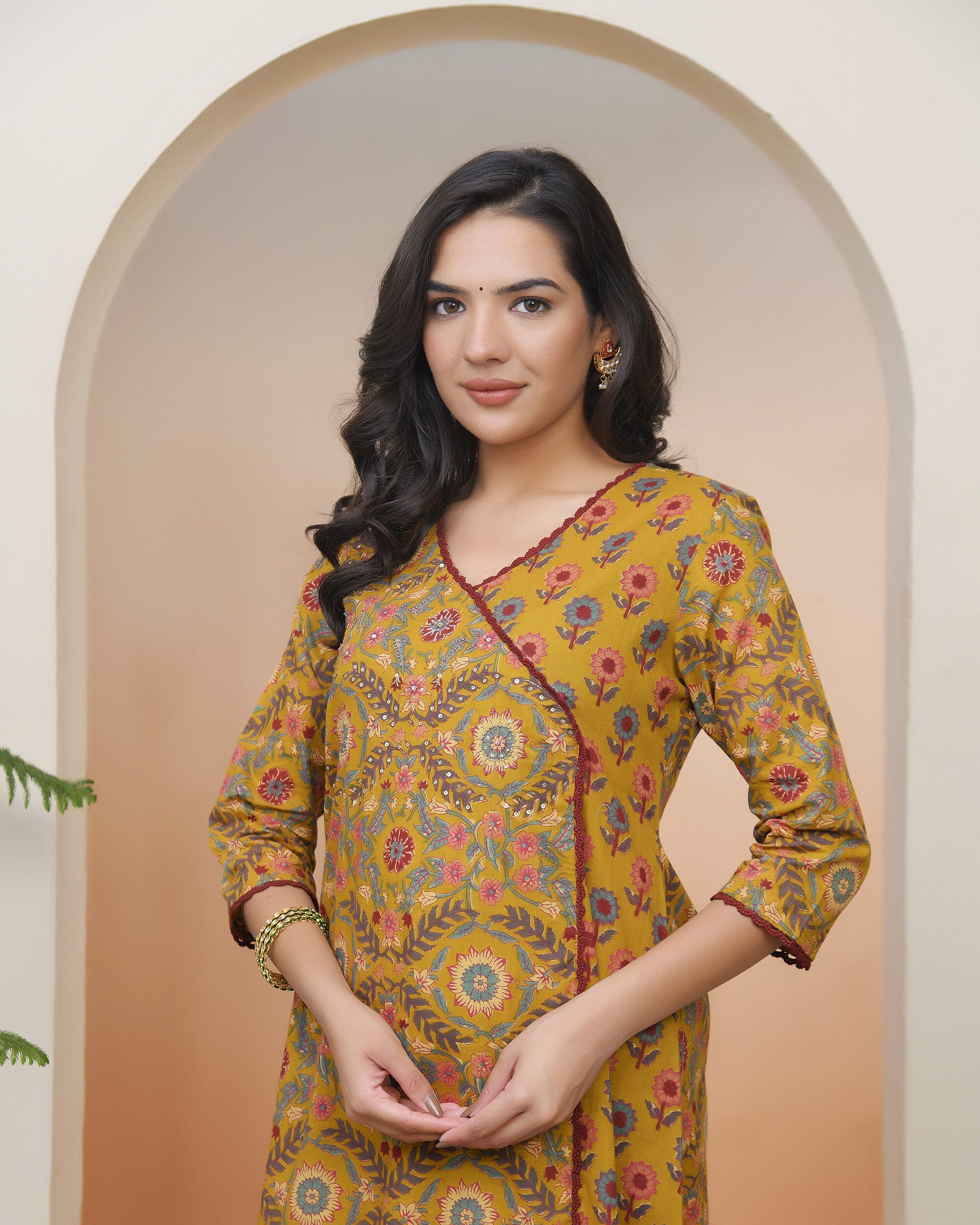 Women Mustard Cotton angrakha kurta with cotton pant & dupatta