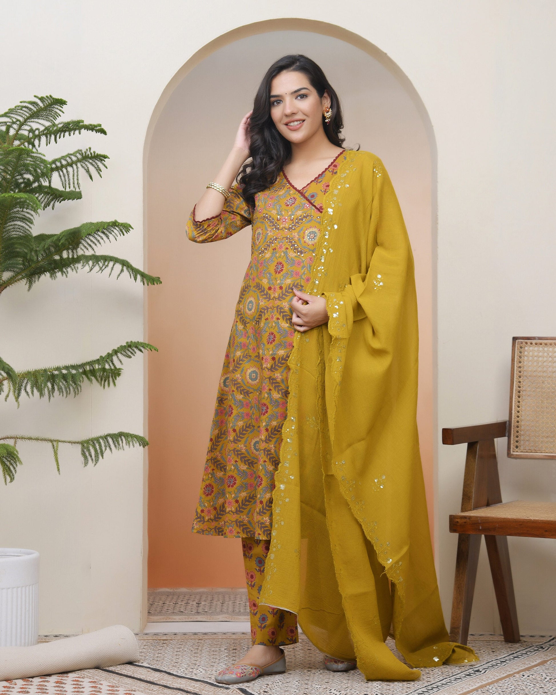 Women Mustard Cotton angrakha kurta with cotton pant & dupatta