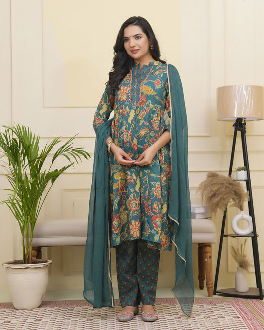 Women Dark Sea Cotton gathered kurta with cotton pant & dupatta