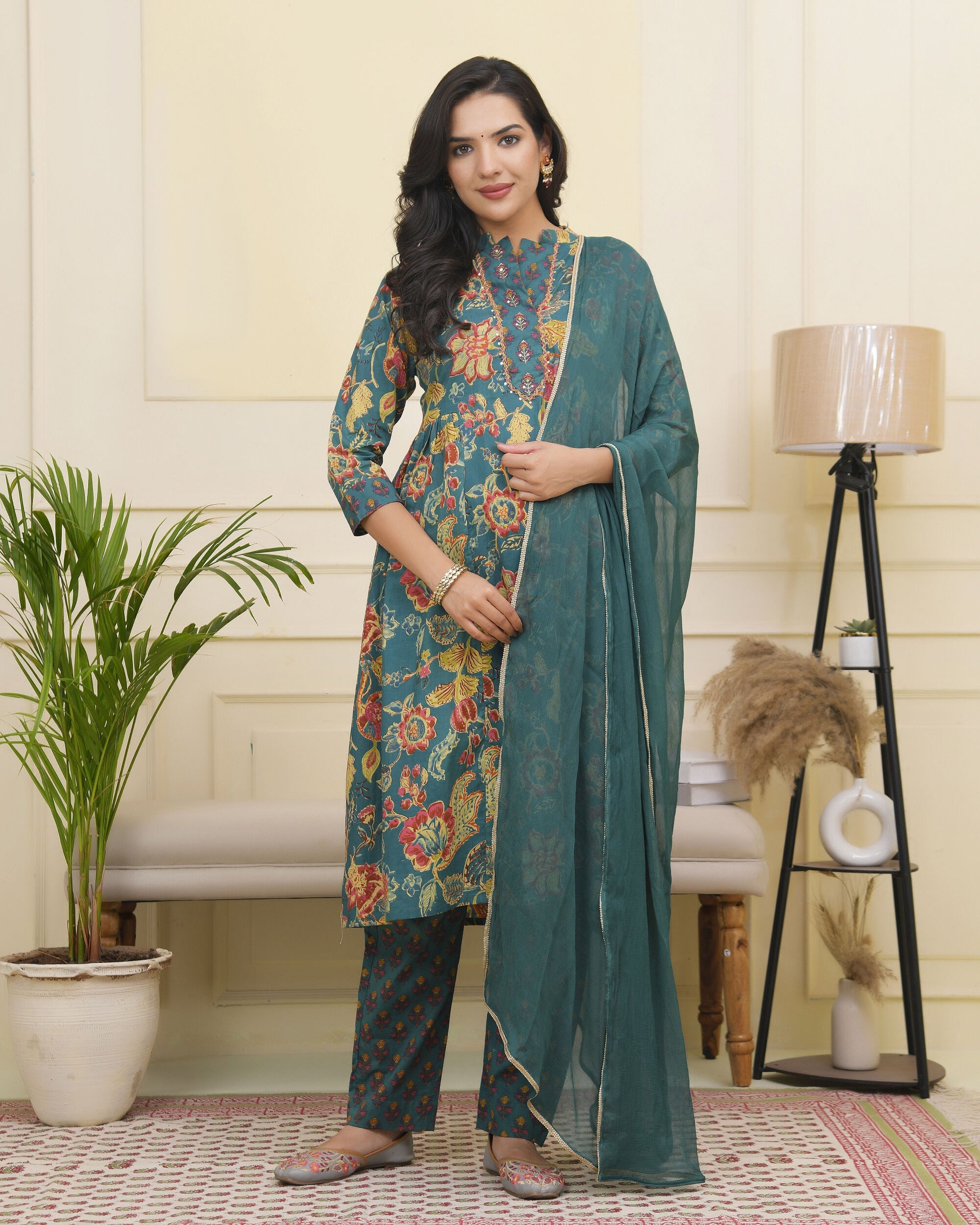 Women Dark Sea Cotton gathered kurta with cotton pant & dupatta