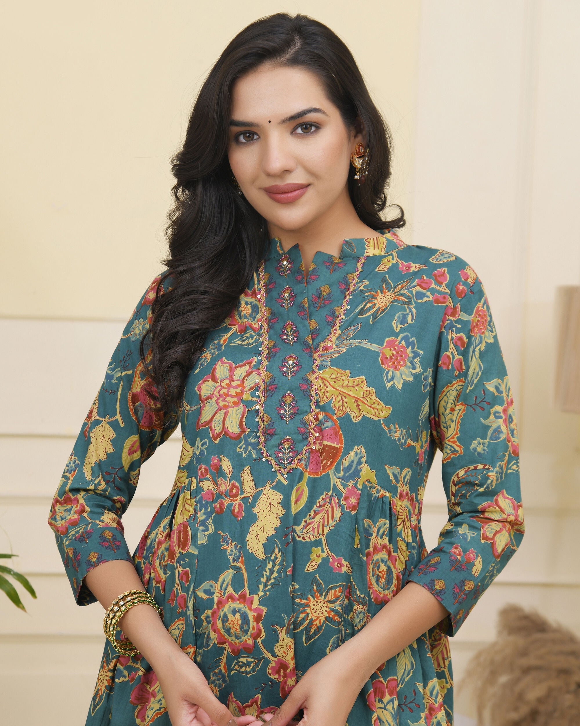 Women Dark Sea Cotton gathered kurta with cotton pant & dupatta