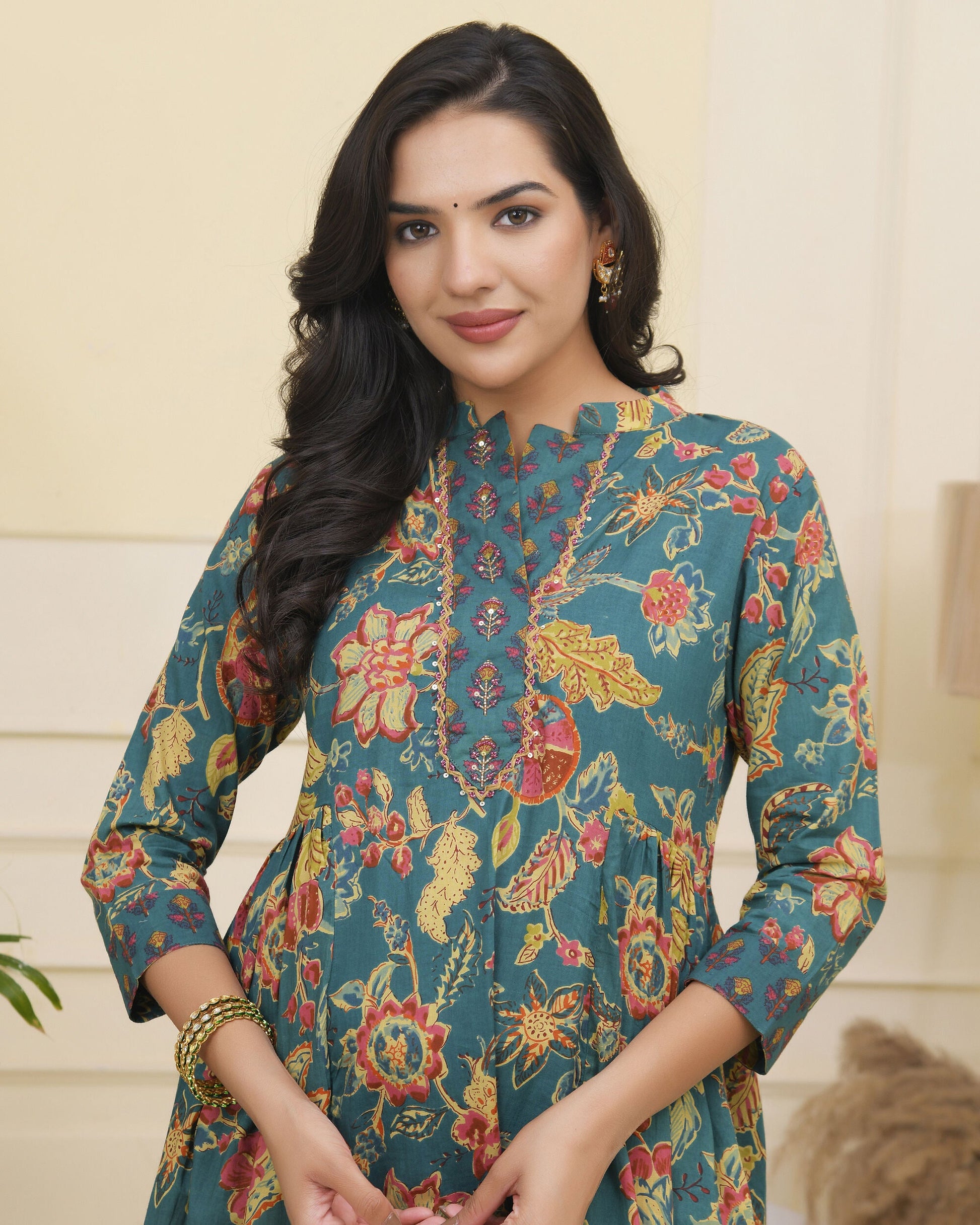 Women Dark Sea Cotton gathered kurta with cotton pant & dupatta