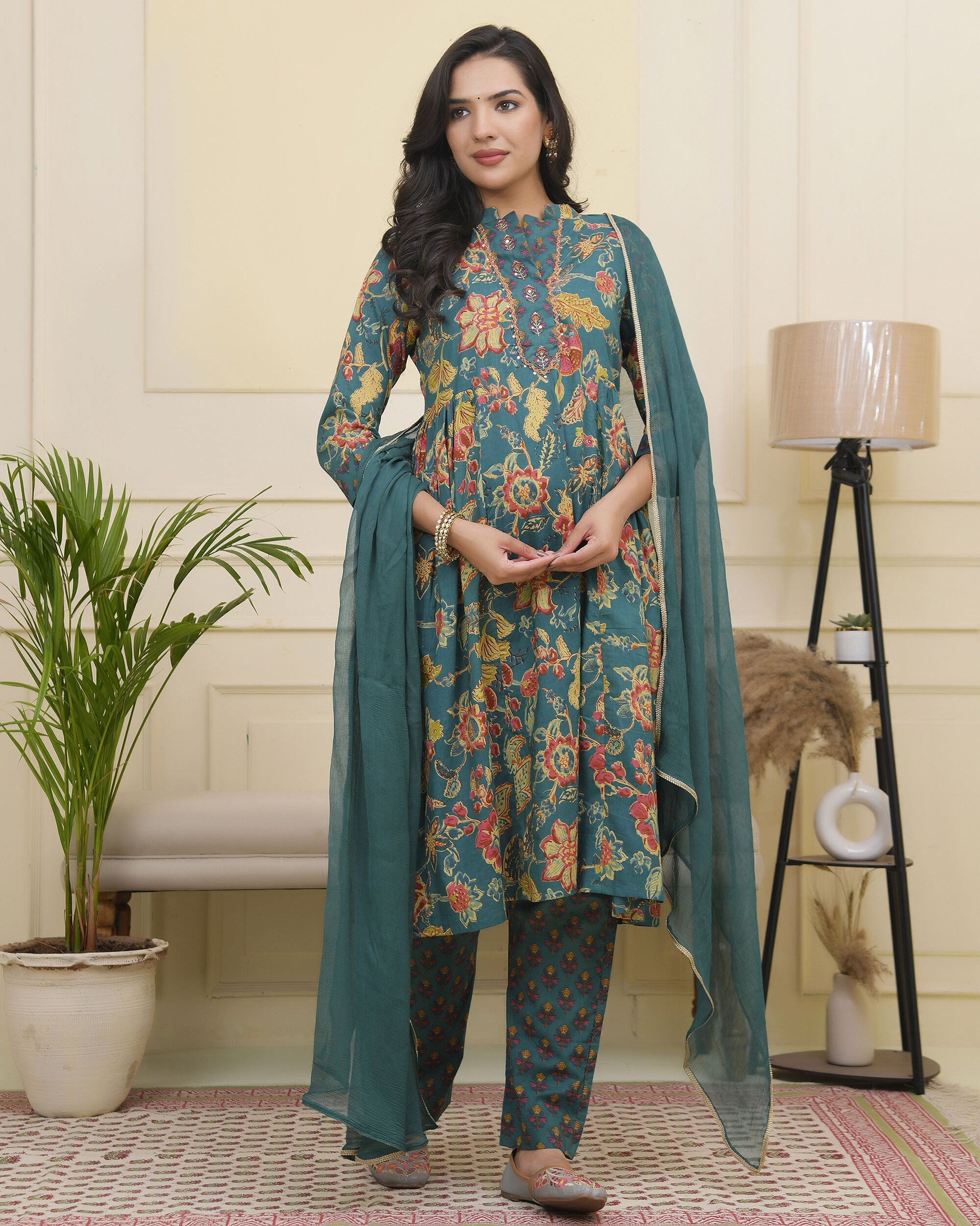 Women Dark Sea Cotton gathered kurta with cotton pant & dupatta