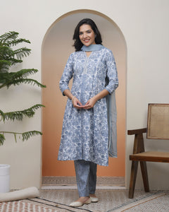 Women Grey panel kurta with cotton pant & dupatta