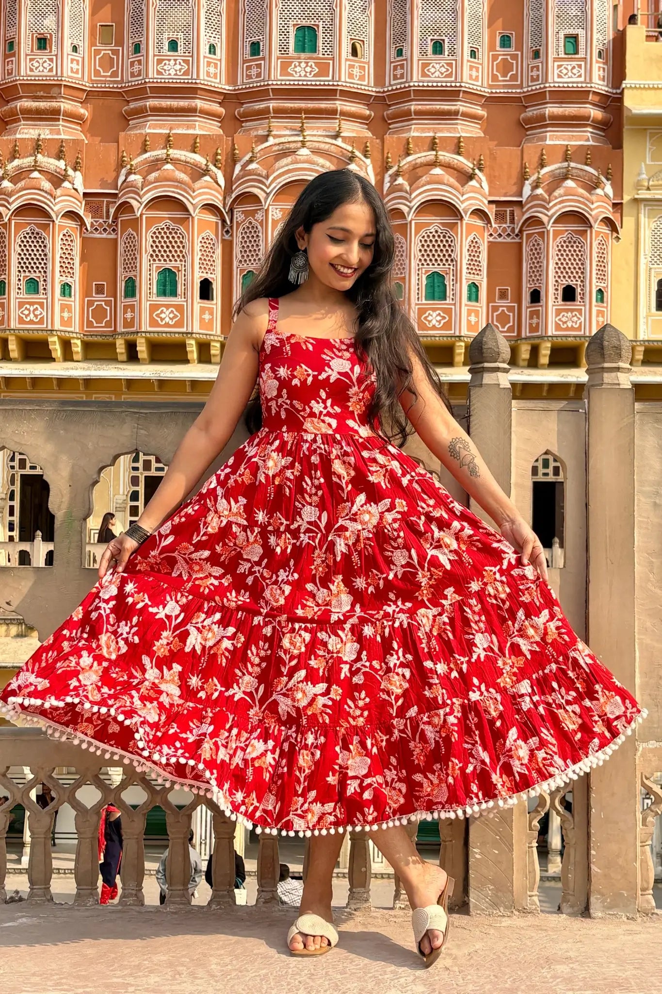 Red Floral Printed Shoulder Strap Long dress