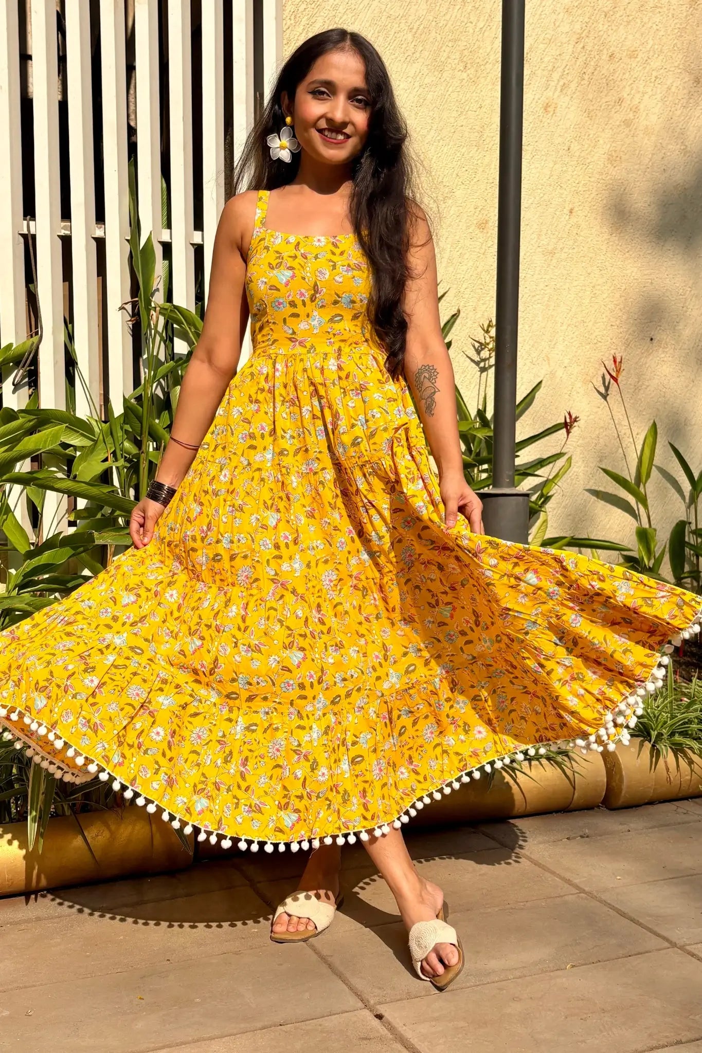 Yellow Floral Shoulder Strip Long Dress