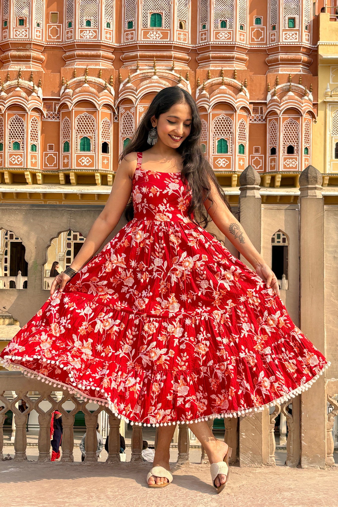 fitted lace wedding dress Red Floral Printed Shoulder Strap Long dress – Atha Fashion