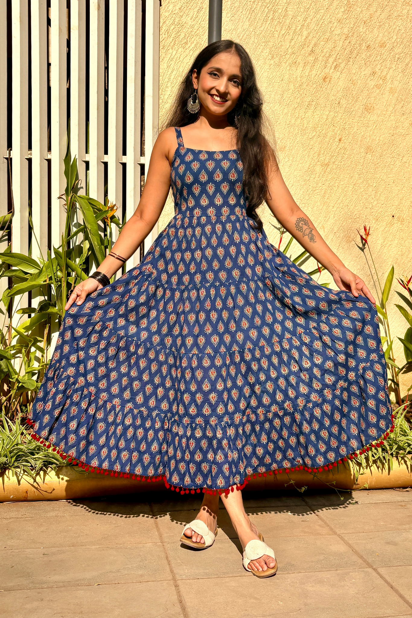 Navy Blue Buti Printed Shoulder Strip Long dress