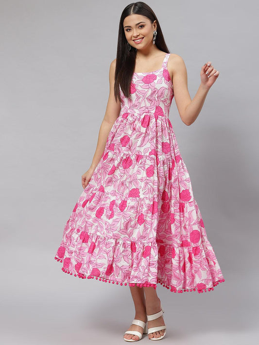  white & Pink Floral Shoulder Strip Long Dress -  world