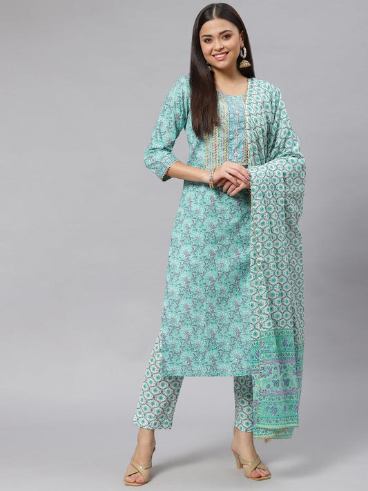  Seagreen Cotton kurta Pant set with Dupatta -  world