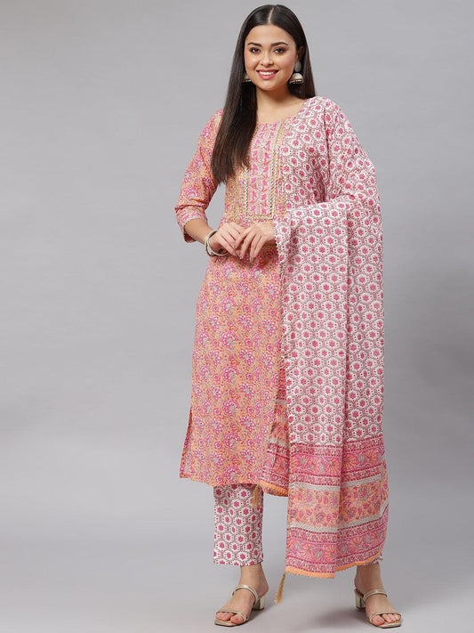  Pink Cotton kurta Pant set with Dupatta -  world