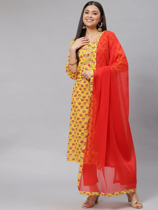 Yellow Floral Cotton Kurta Pant Set with Dupatta -  world