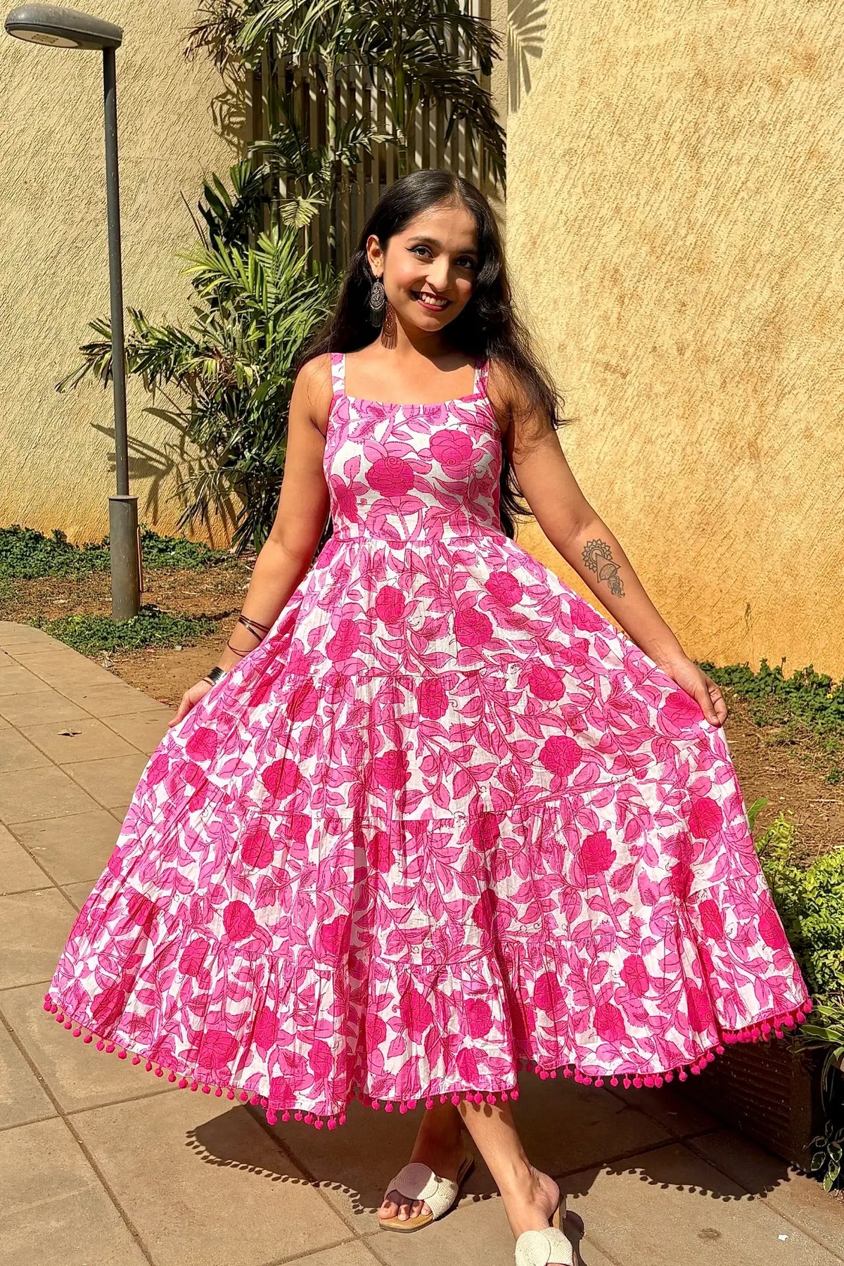 white & Pink Floral Shoulder Strip Long Dress