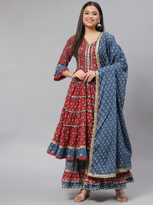  Maroon & Blue Anarkali Kurta Sharara Set with Dupatta -  world