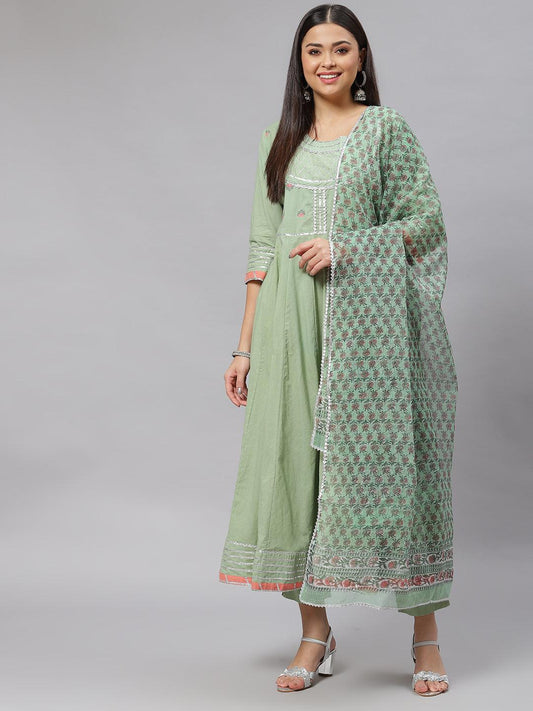  Solid Green Anarkali Kurta Pant Set with Kota doria dupatta -  world