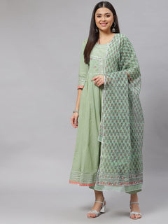 Solid Green Anarkali Kurta Pant Set with Kota doria dupatta
