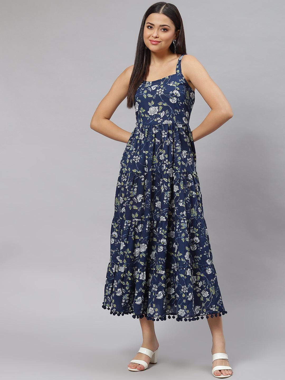  Blue Floral Shoulder Strip Long Dress -  world