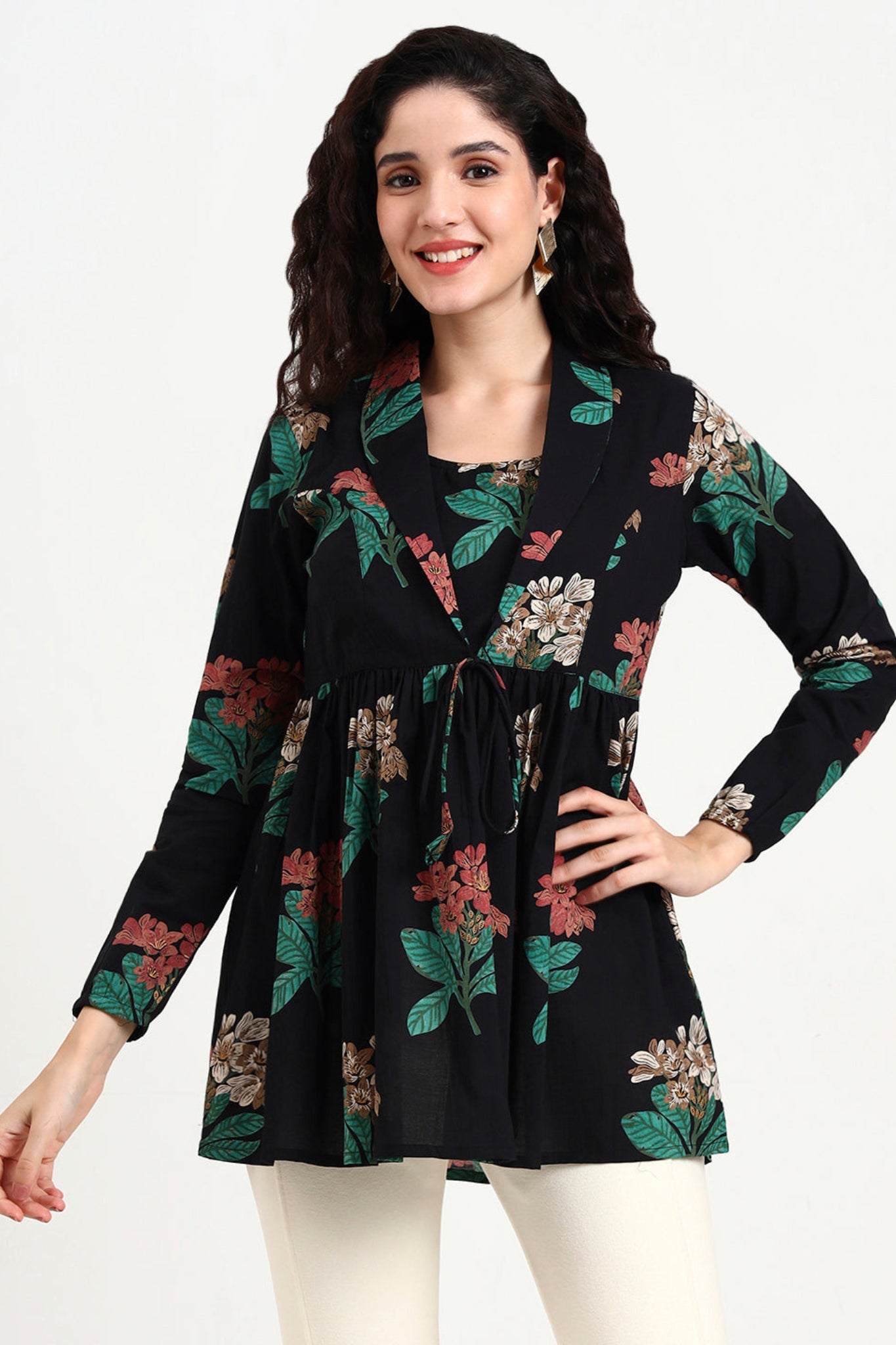 Black Floral Print Cotton Top