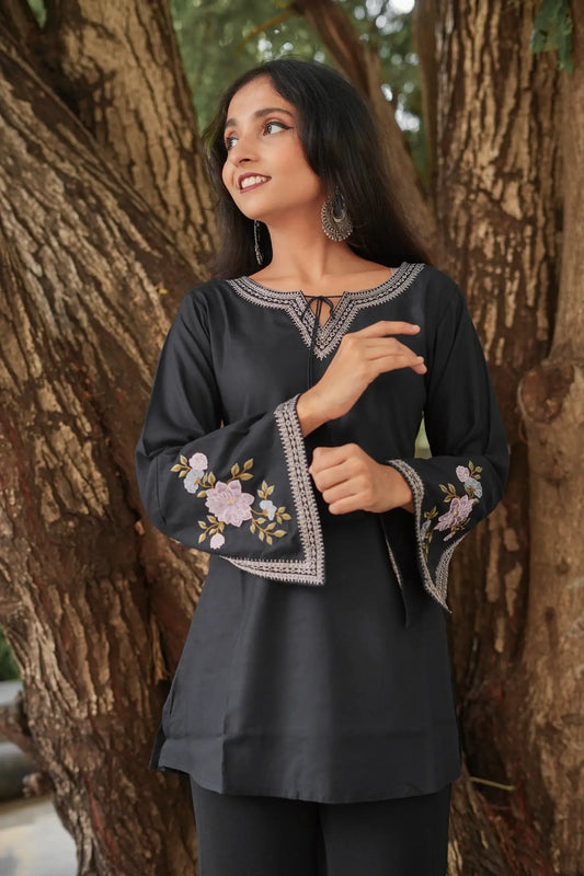 Blossom Belle Embroidered Kurti - Black