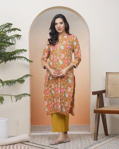 Women Mustard Cotton printed Straight Kurti