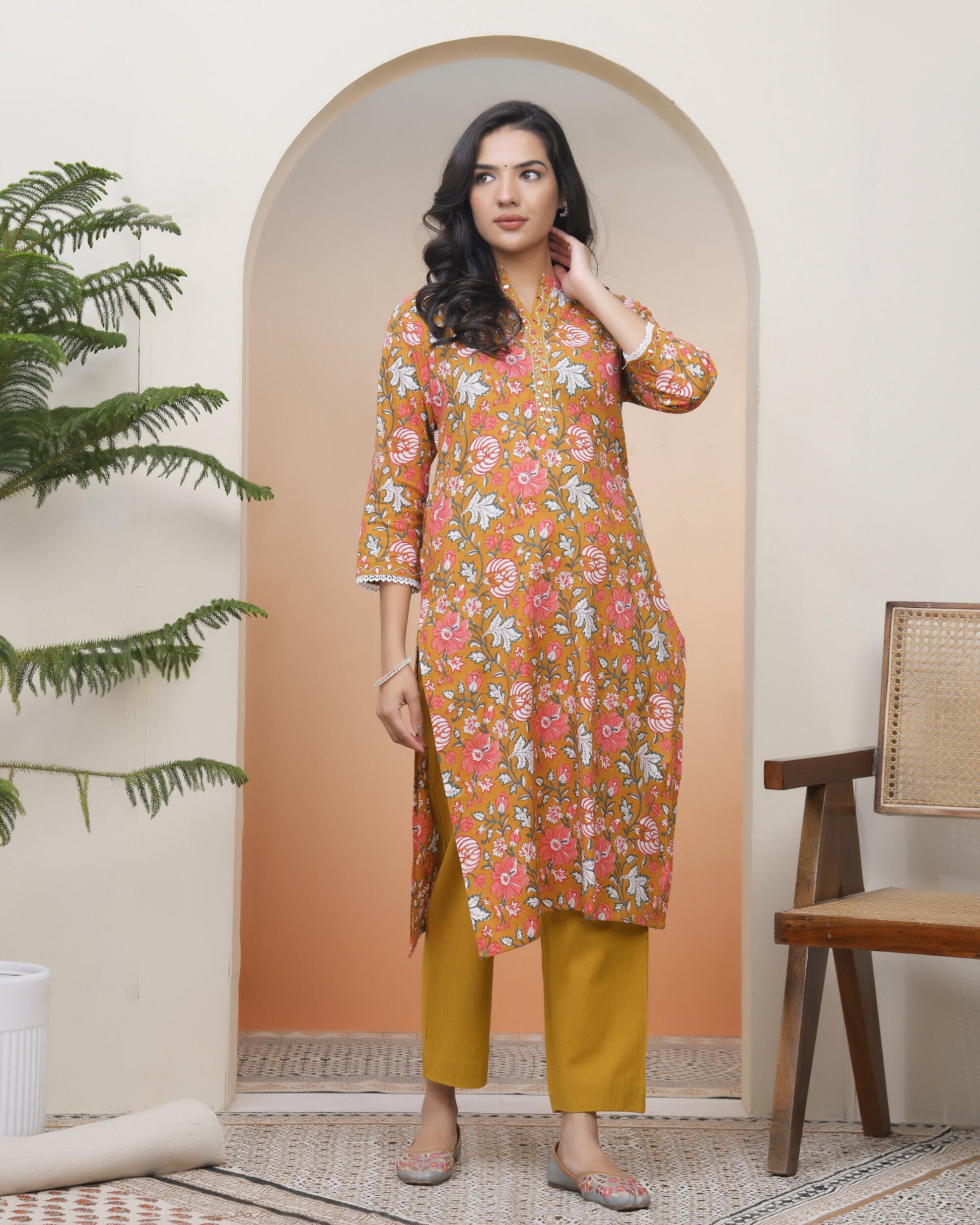 Women Mustard Cotton printed Straight Kurti