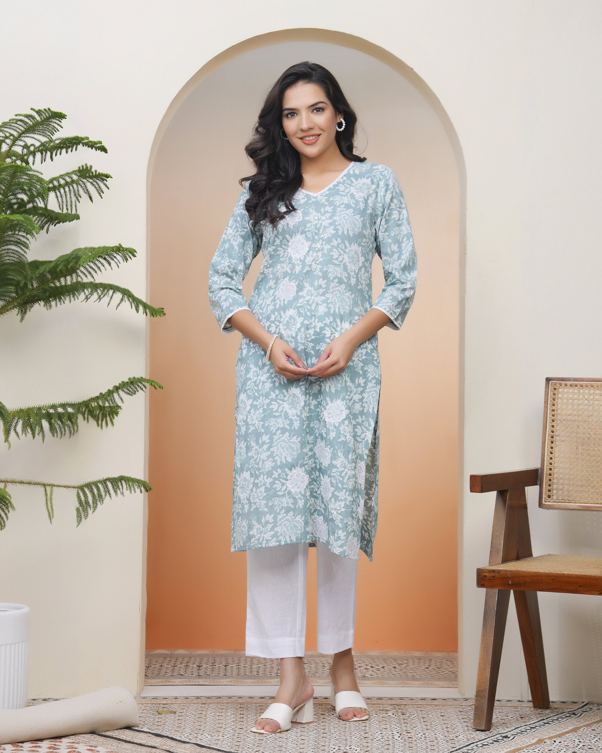 Women Mint Cotton printed Straight Kurti