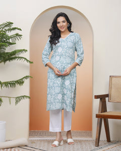 Women Mint Cotton printed Straight Kurti