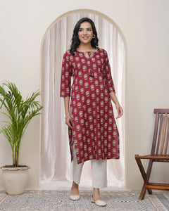 Women Maroon Cotton printed Straight Kurti