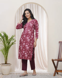 Women Magenta Cotton printed Straight Kurti