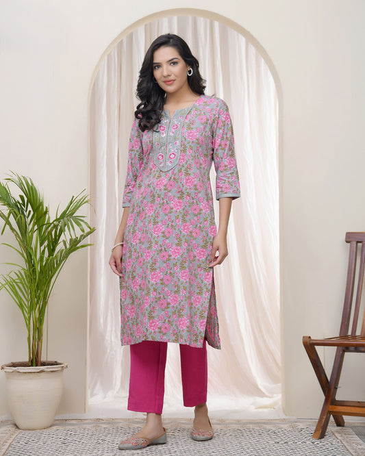 Women Grey Cotton printed Straight Kurti