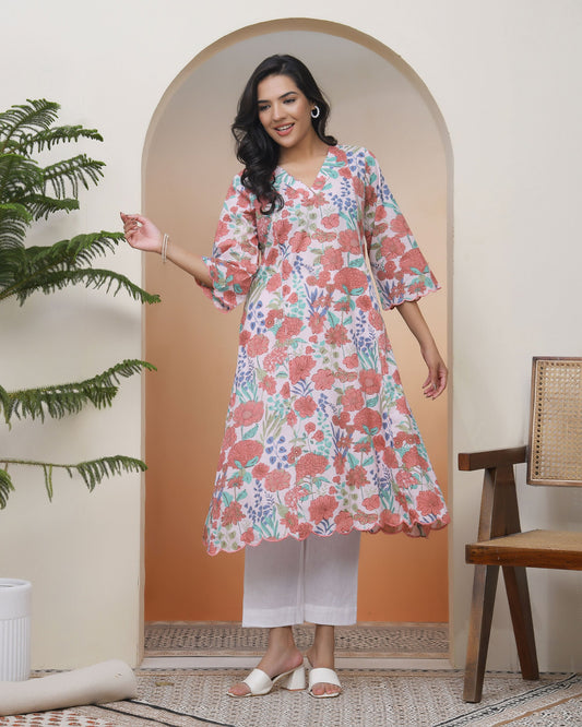 Women Peach floral Cotton printed flare Kurti