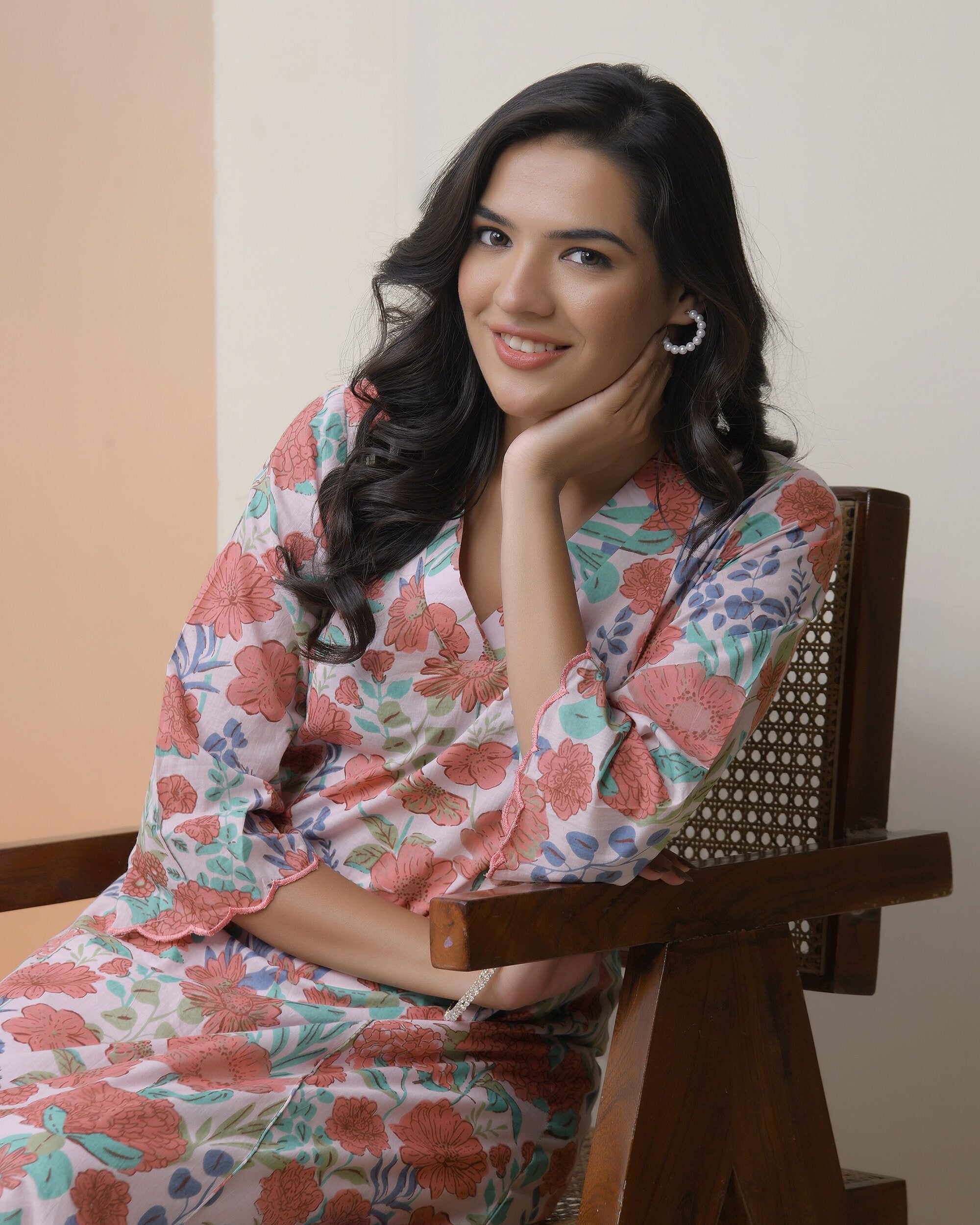 Women Peach floral Cotton printed flare Kurti