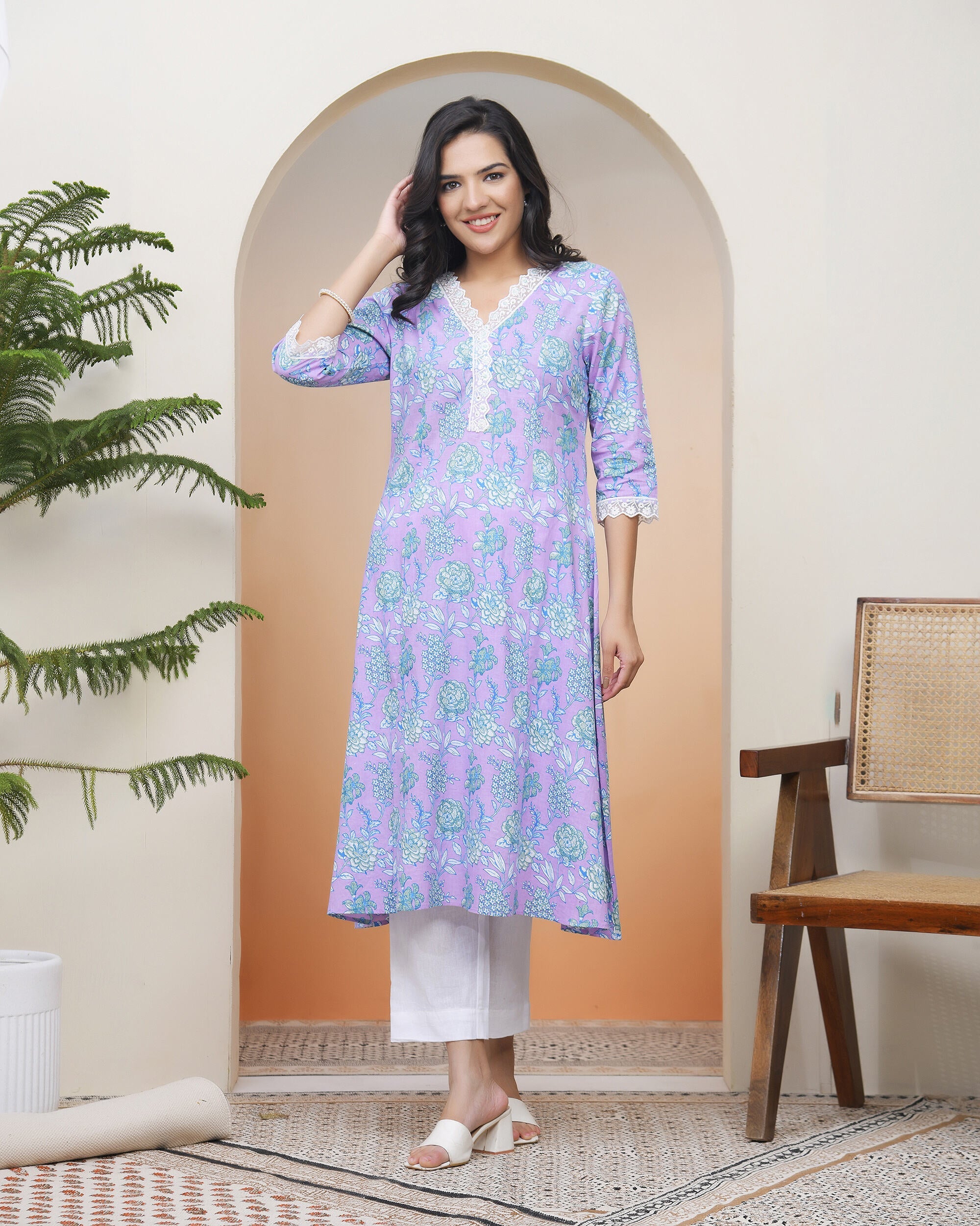 Women lavender floral Cotton printed flare Kurti