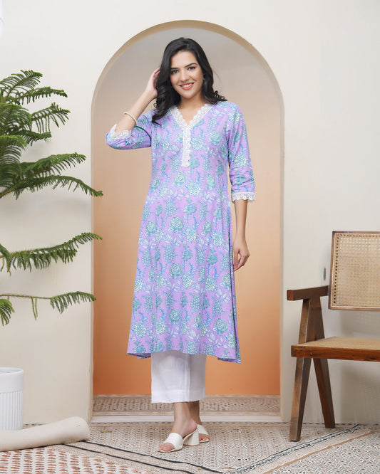 Women lavender floral Cotton printed flare Kurti