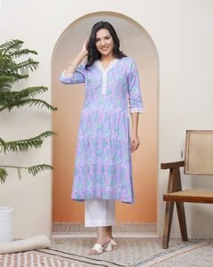 Women lavender floral Cotton printed flare Kurti