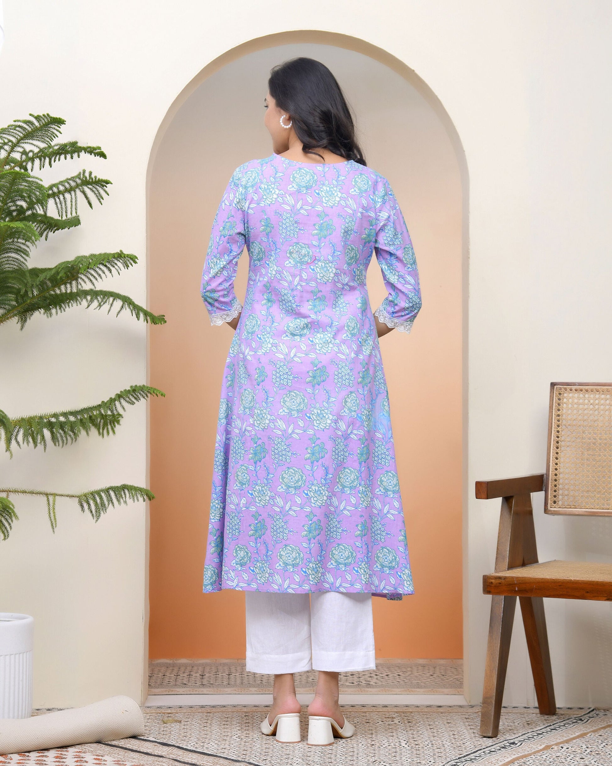 Women lavender floral Cotton printed flare Kurti