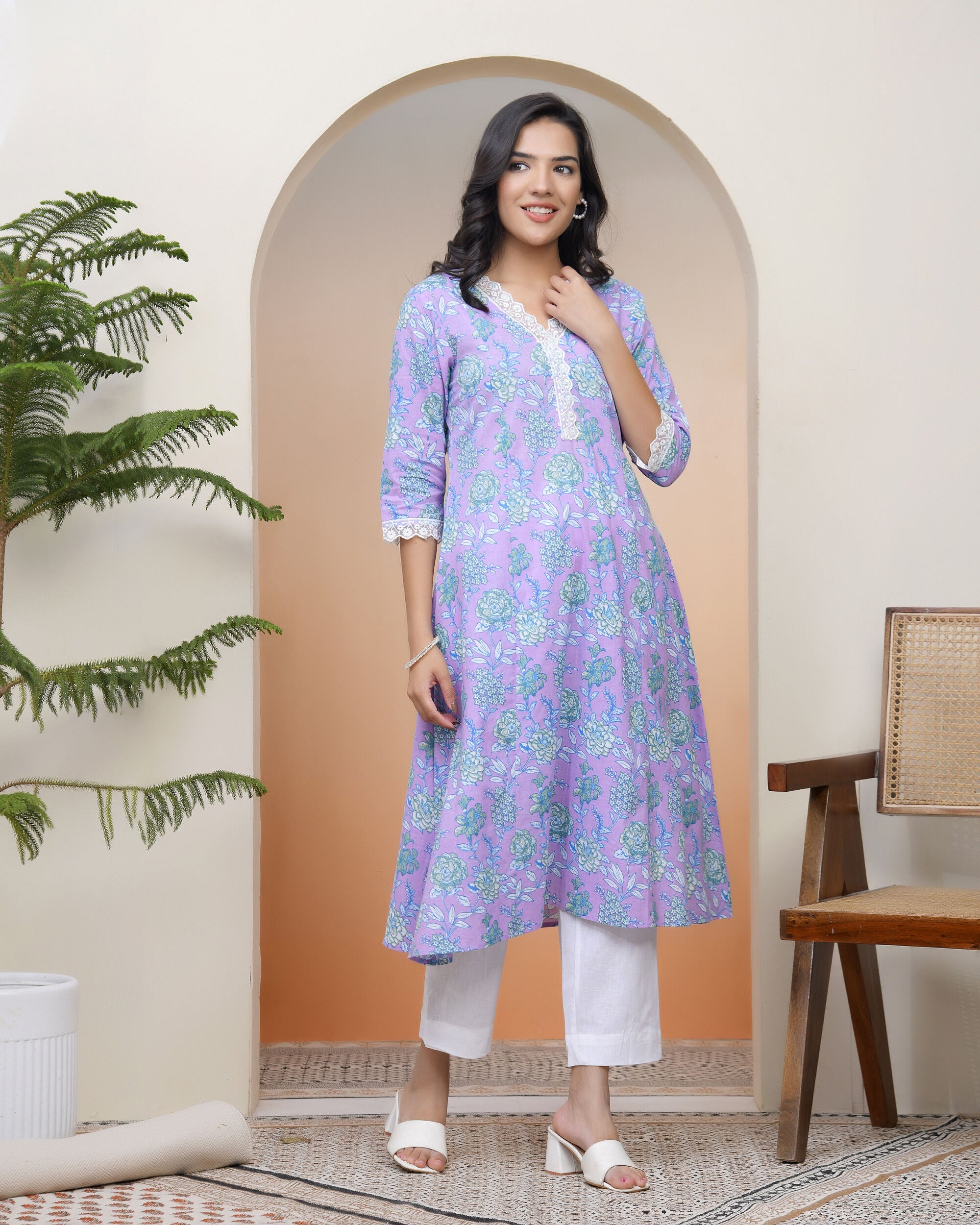Women lavender floral Cotton printed flare Kurti